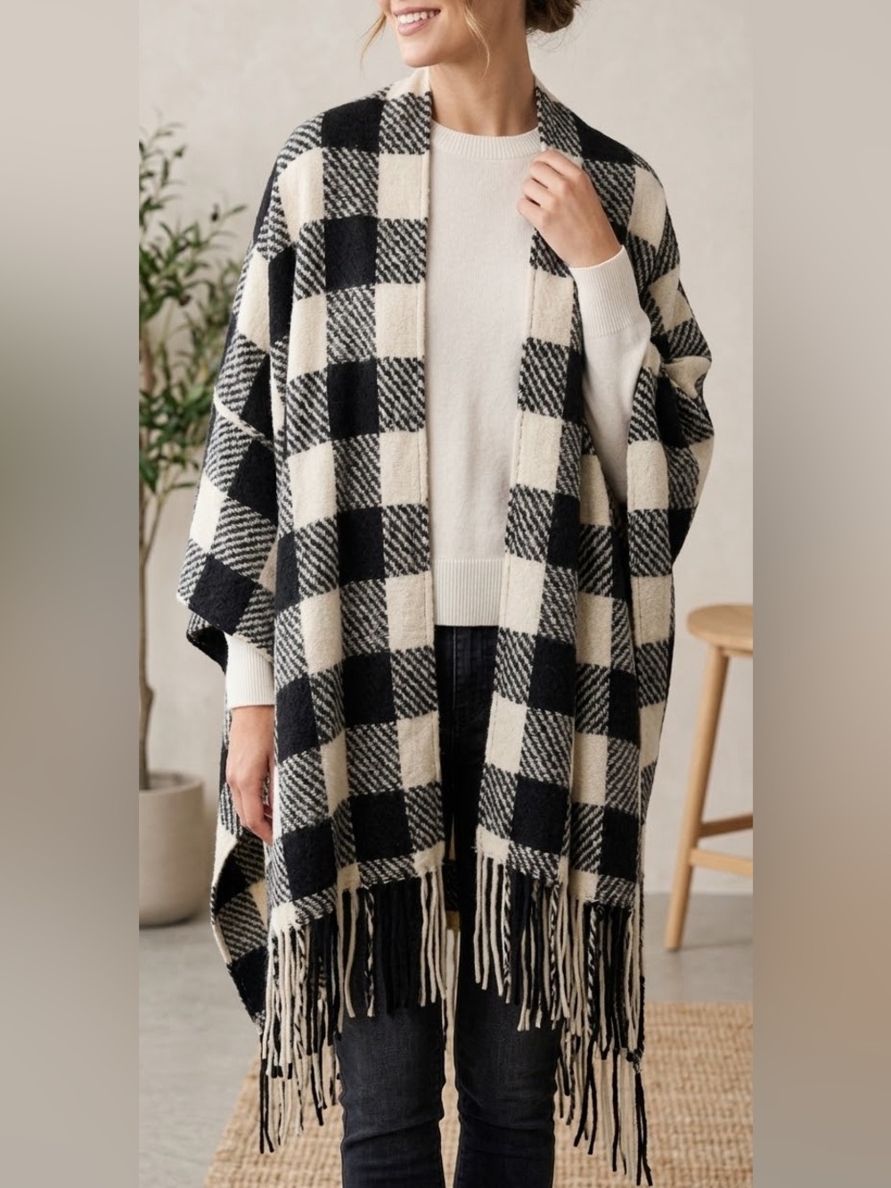 Maeve Anthropologie NWOT Women OS Plaid Buffalo Check Fringe Poncho Ruana Wrap